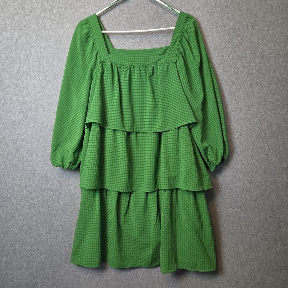 WHO WHAT WEAR Green Preppy Gingham Square Neck Tiered Knee Length Dress Medium